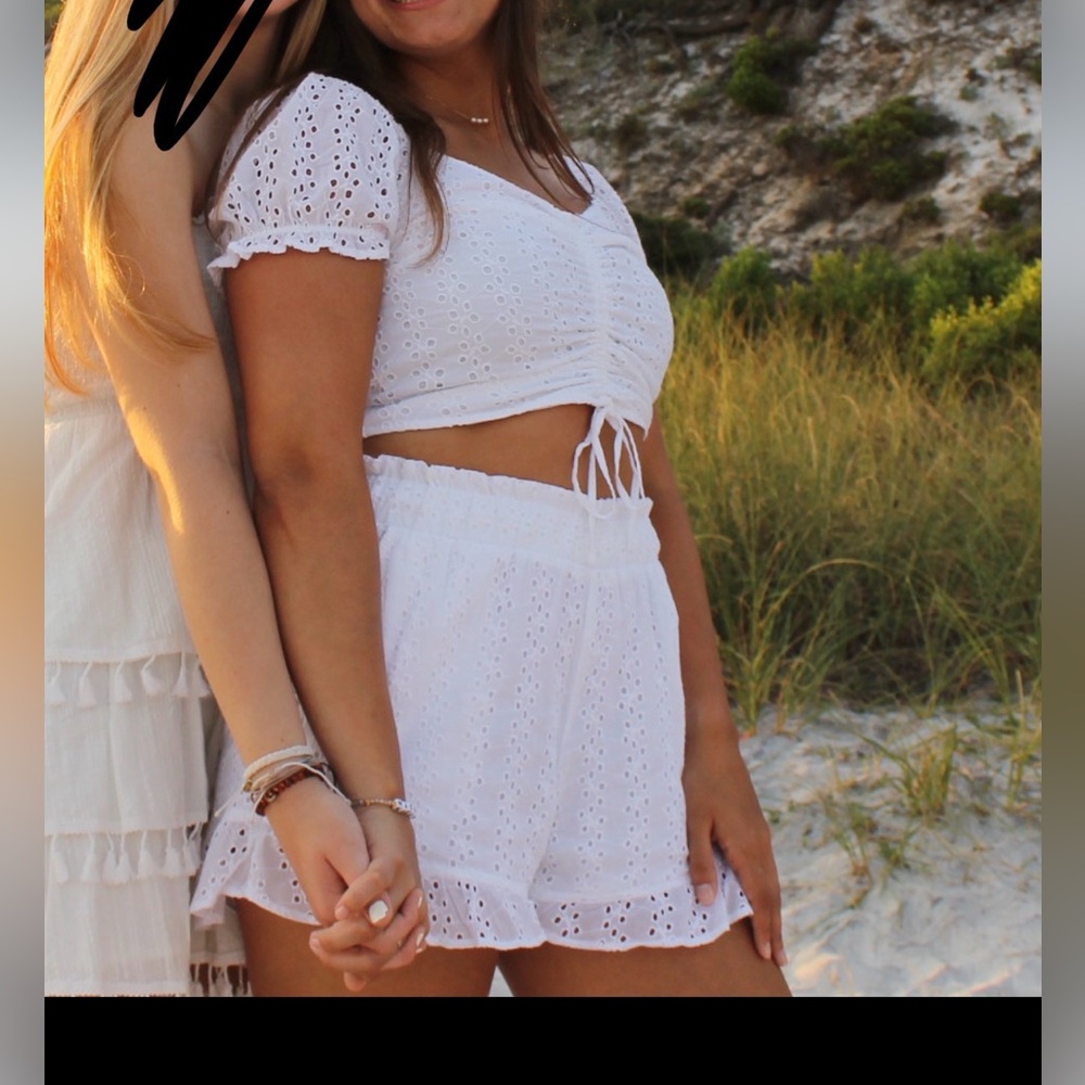 Hollister White Eyelet Ruched Drawstring Crop Top